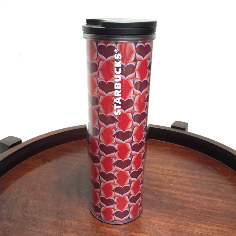 ☀️NEW Starbucks Tumbler Pink & Red Heart Print Hot/Cold Coffee Beverage